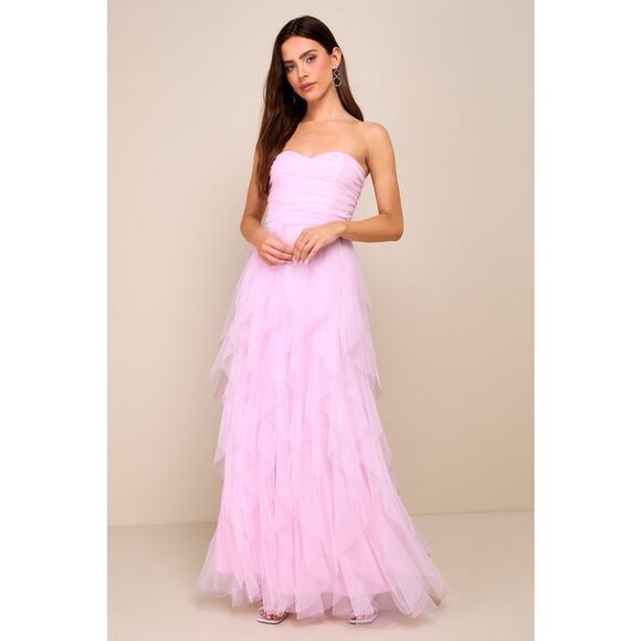 NWT Lulus Delightful Beauty Pink Mesh Strapless Ruched Ruffled Maxi Dress Size M - Picture 1 of 8